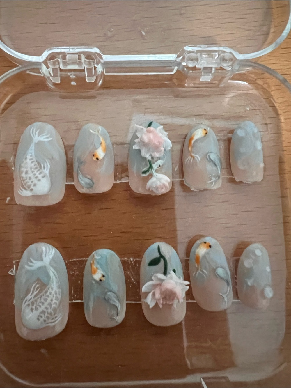 3D koi fish and floral Glue On Nails